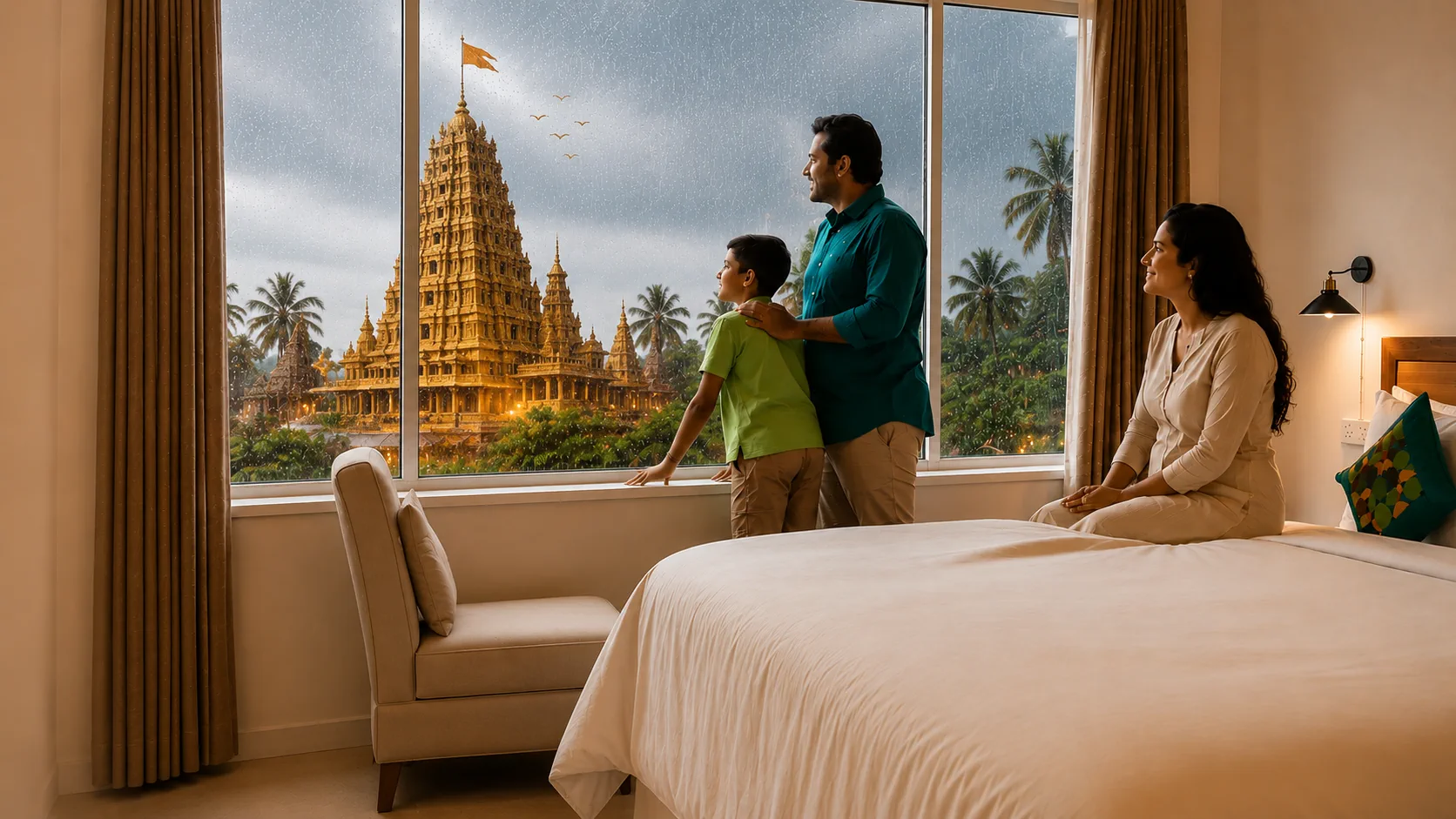 A family in a suite at Sri Venkatanatha Grand looking out at the golden temple through rain-flecked windows
