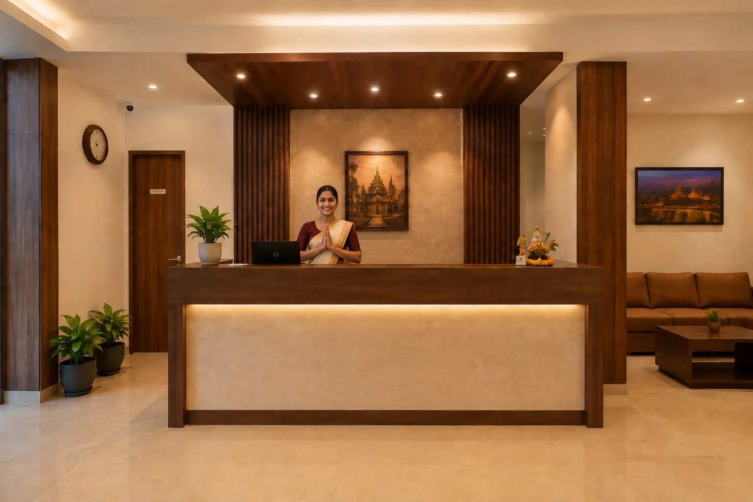 The reception at Sri Venkatanatha Grand, Mantralayam, where a member of staff welcomes guests with a namaste