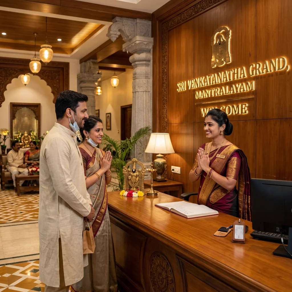 Front-desk welcome at Sri Venkatanatha Grand, Mantralayam